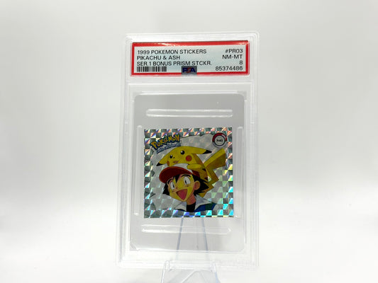 GRADED - Pikachu & Ash - Pokémon Stickers Bonus Prism PR03 - PSA 8