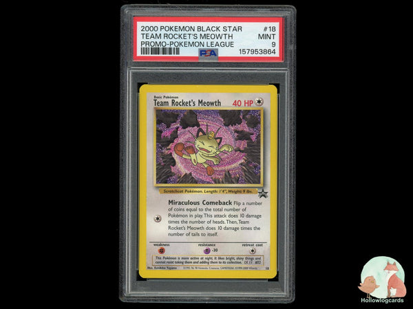 Graded Team Rocket's Meowth (18) Pokemon League Promo Black Star - PSA Mint 9