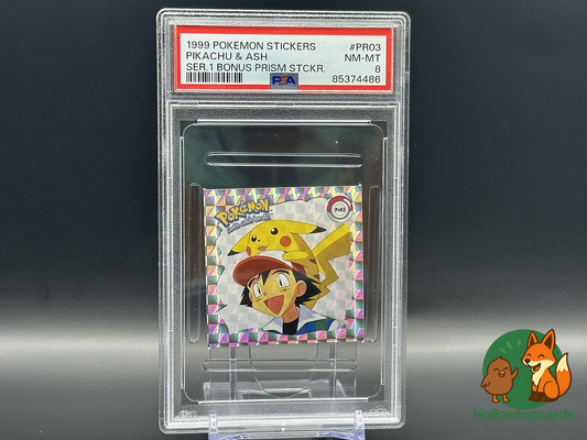 Graded Pikachu & Ash - Pokemon Stickers Bonus Prism PR03 - PSA 8