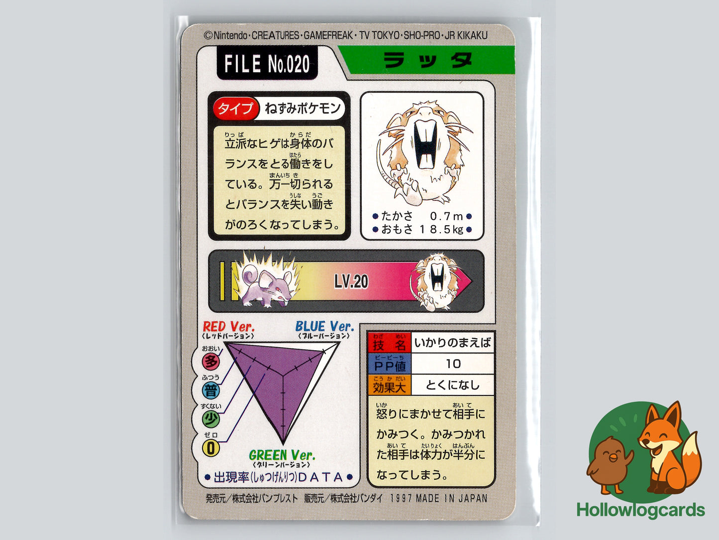 Raticate 1997 Pokemon Carddass - FILE No.020 - Vintage Bandai - Japanese Rare