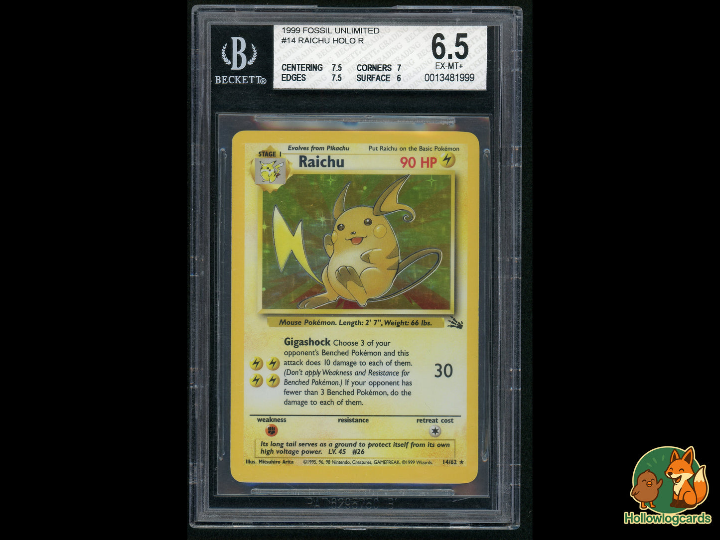Graded Raichu - Holo -Fossil 14/62 - WOTC - Arita Beckett 6.5