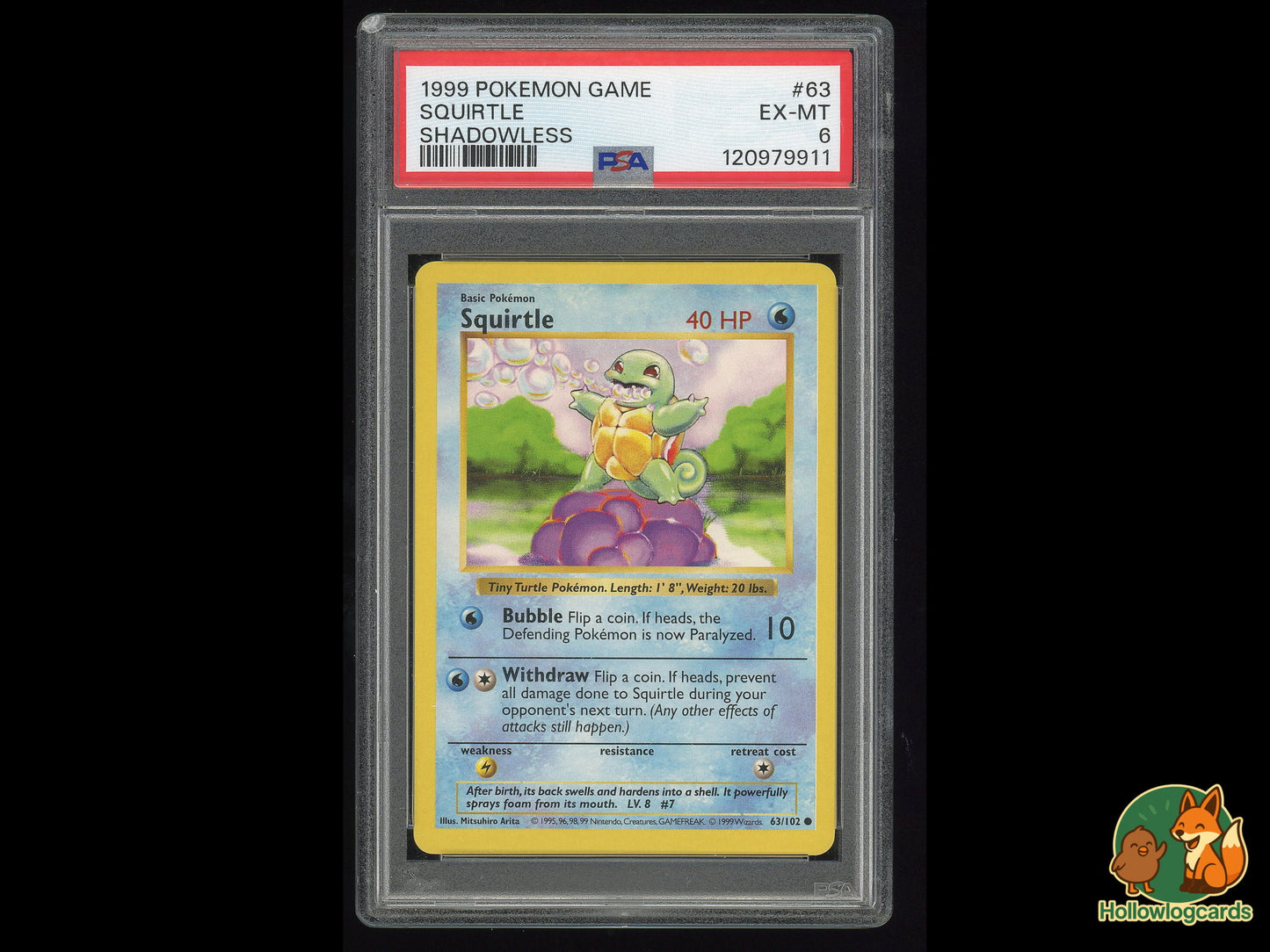 Graded Squirtle (63/102) Shadowless Base Set - PSA 6