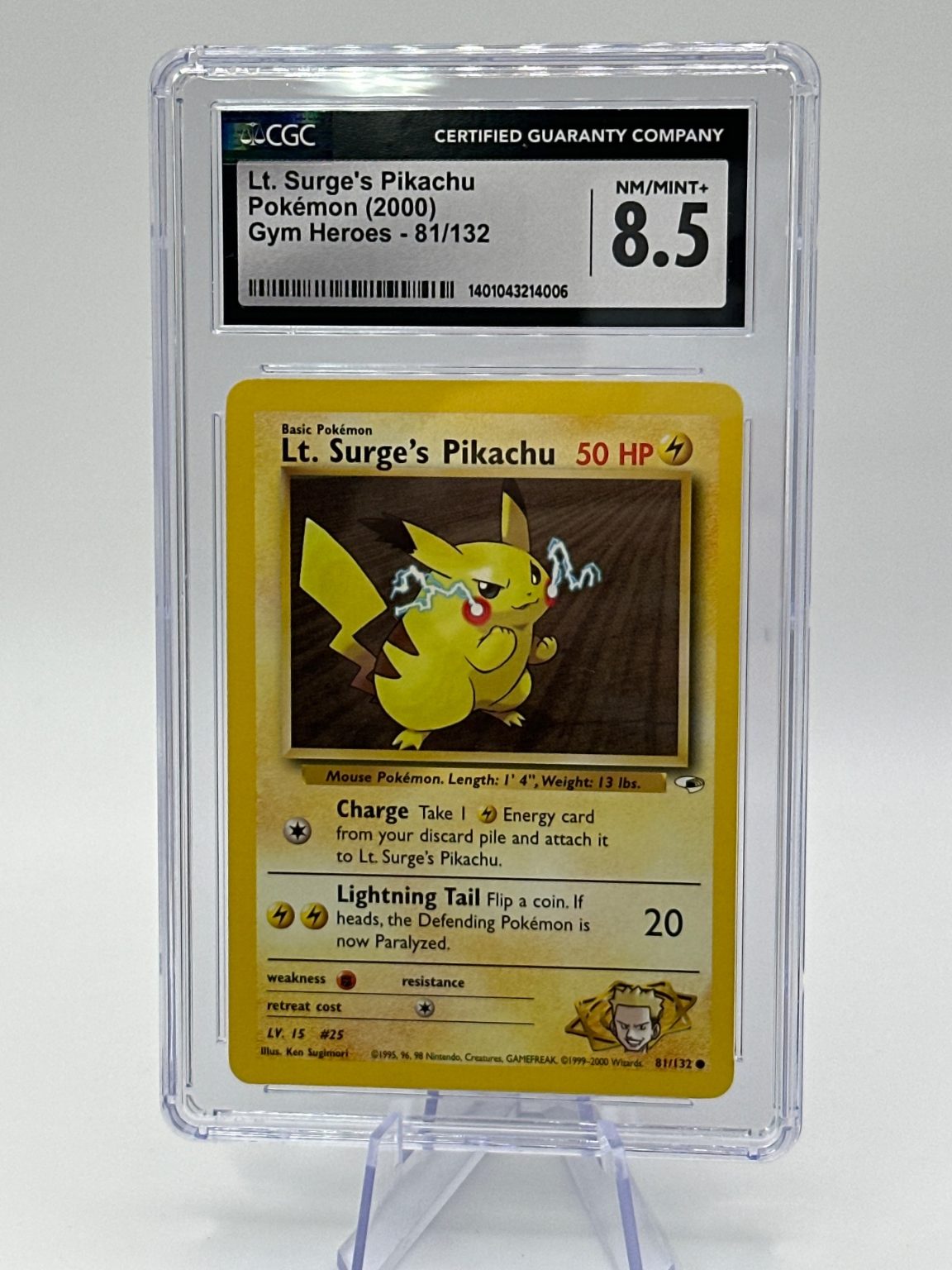 Graded - Lt. Surge’s Pikachu - Gym Heroes 81/132 - WOTC - Vintage - Kusube - CGC 8.5