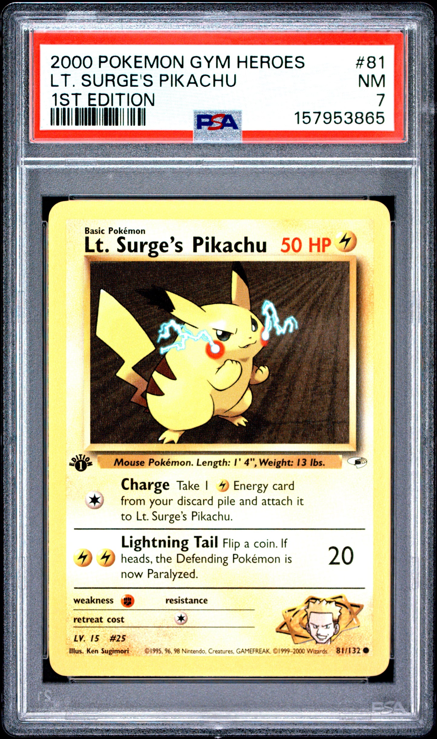 Graded Lt. Surge's Pikachu (81/132) 1st Edition Gym Heroes - PSA 7