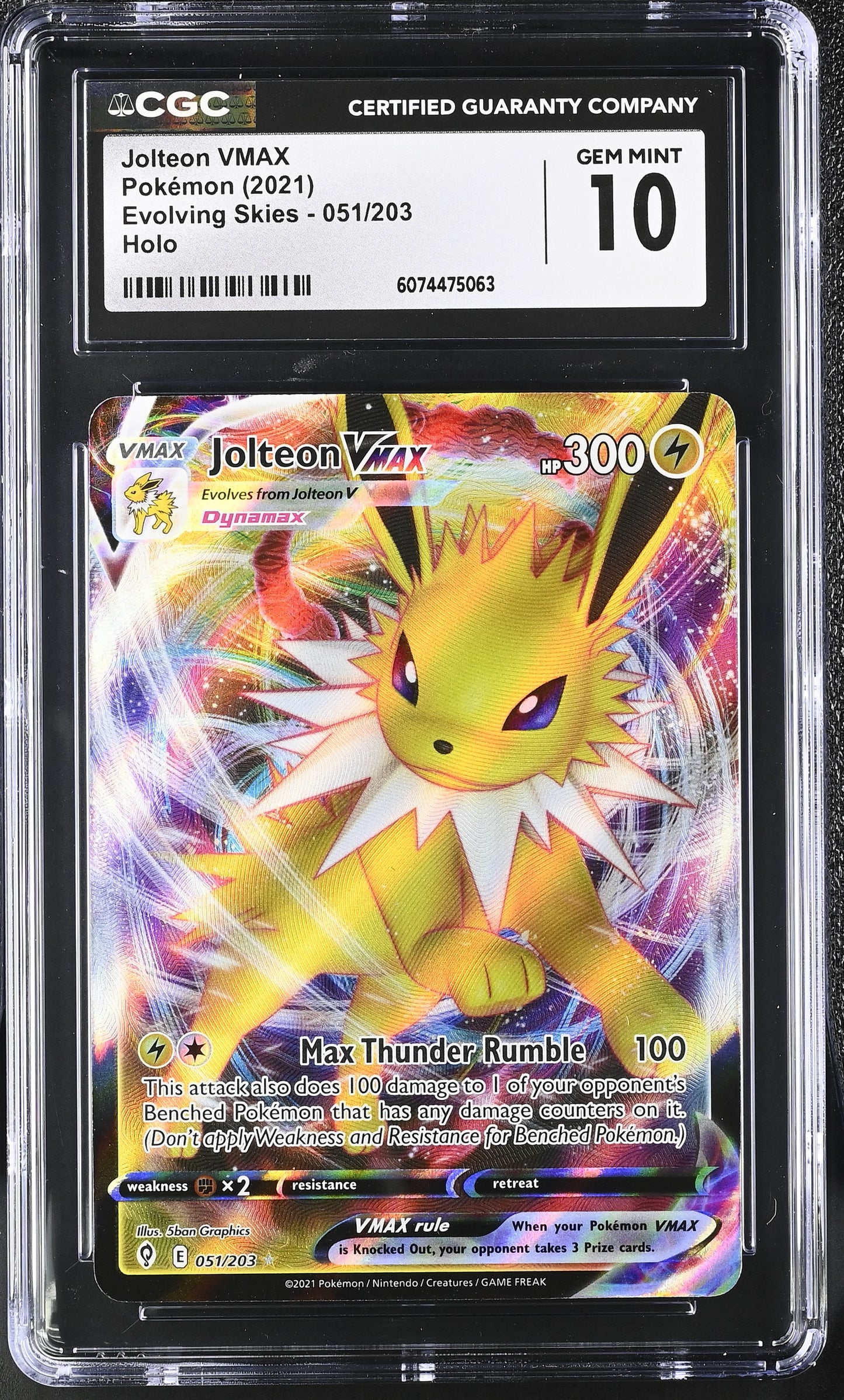 Graded Jolteon Vmax (051/203) Holo Evolving Skies - CGC Gem Mint 10