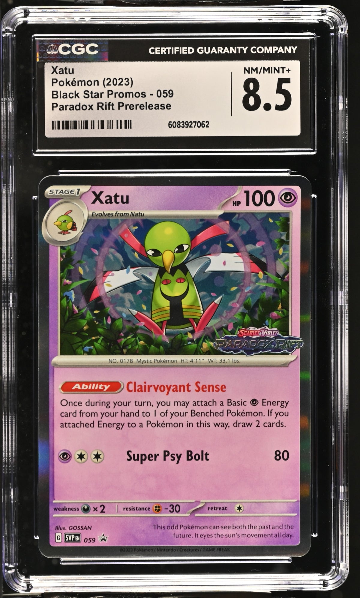 Graded Xatu (059) Paradox Rift Prerelease Black Star Promos - CGC Nm/Mint+ 8.5