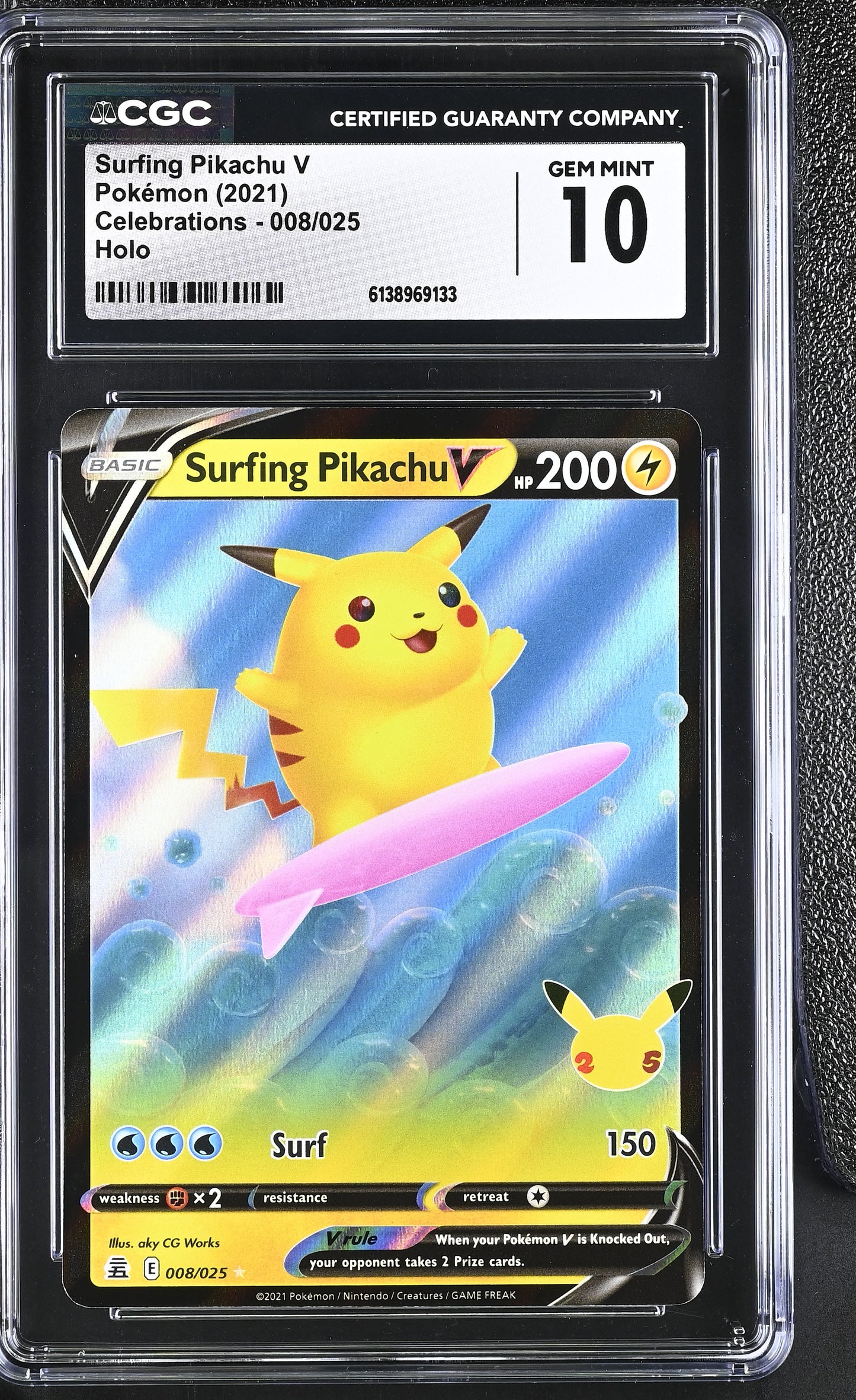 Graded Surfing Pikachu V (008/025) Holo Celebrations - CGC Gem Mint 10