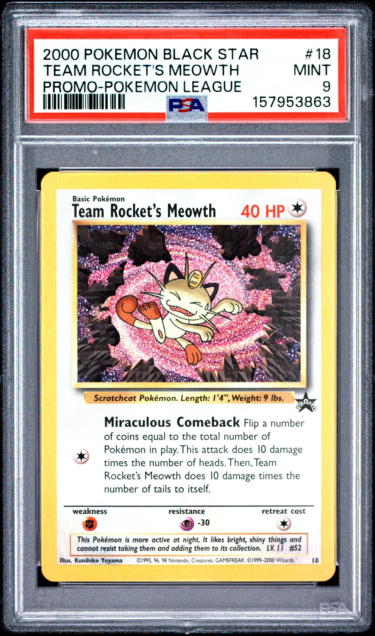 Graded Team Rocket's Meowth (18) Pokemon League Promo Black Star - PSA 9