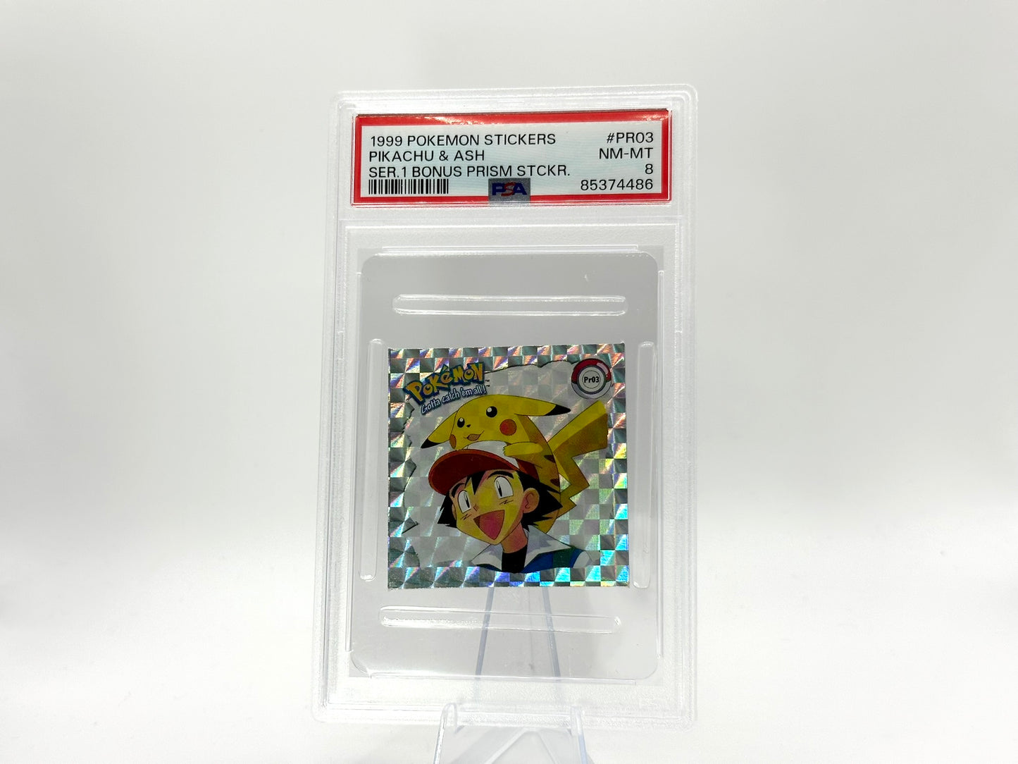 GRADED - Pikachu & Ash - Pokémon Stickers Bonus Prism PR03 - PSA 8