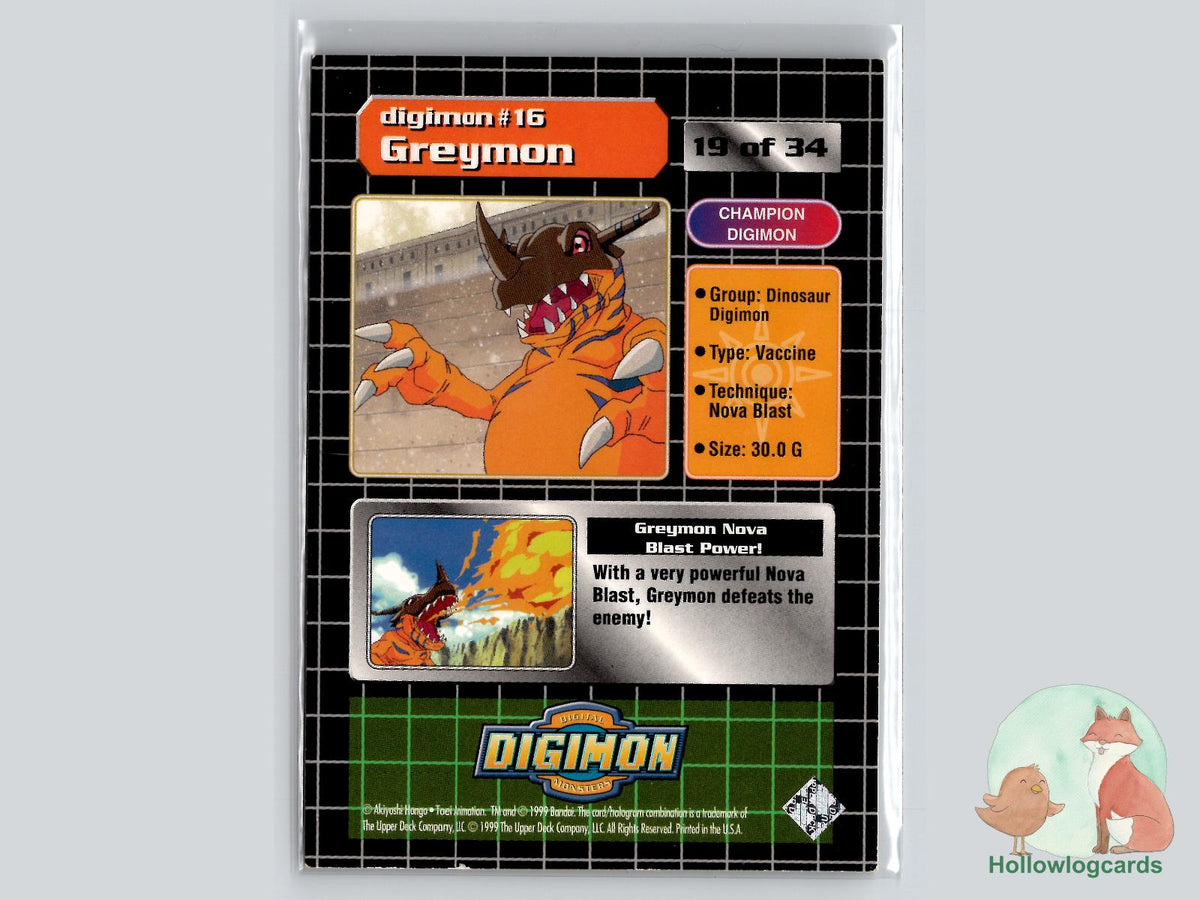 Greymon #16 (19/34) Silver Prism Holo Exclusive Preview Stamped - 1999 Upper Deck Digimon