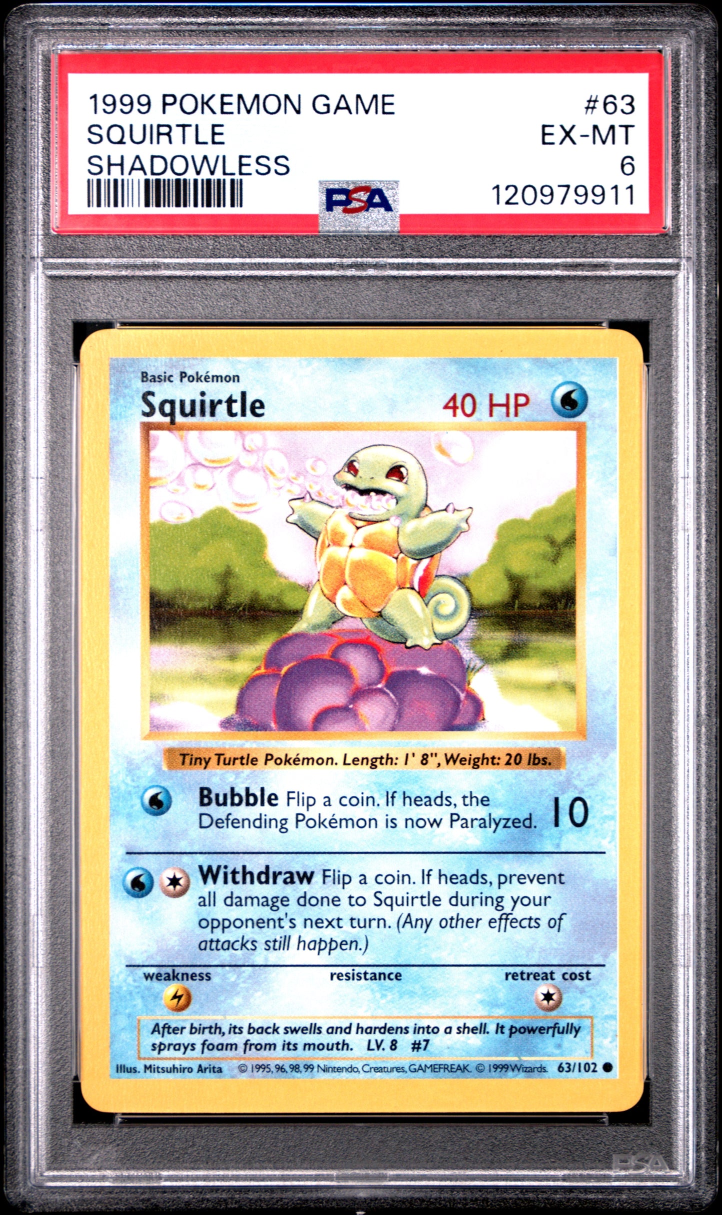 Graded Squirtle (63/102) Shadowless Base Set - PSA 6