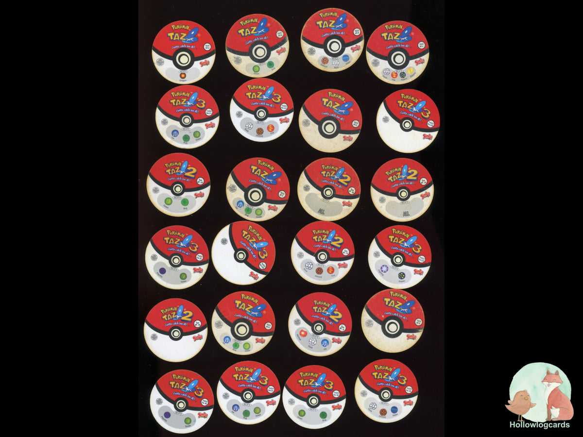 Representative Pokémon Tazo backs showing varied Heavily Played wear from this batch