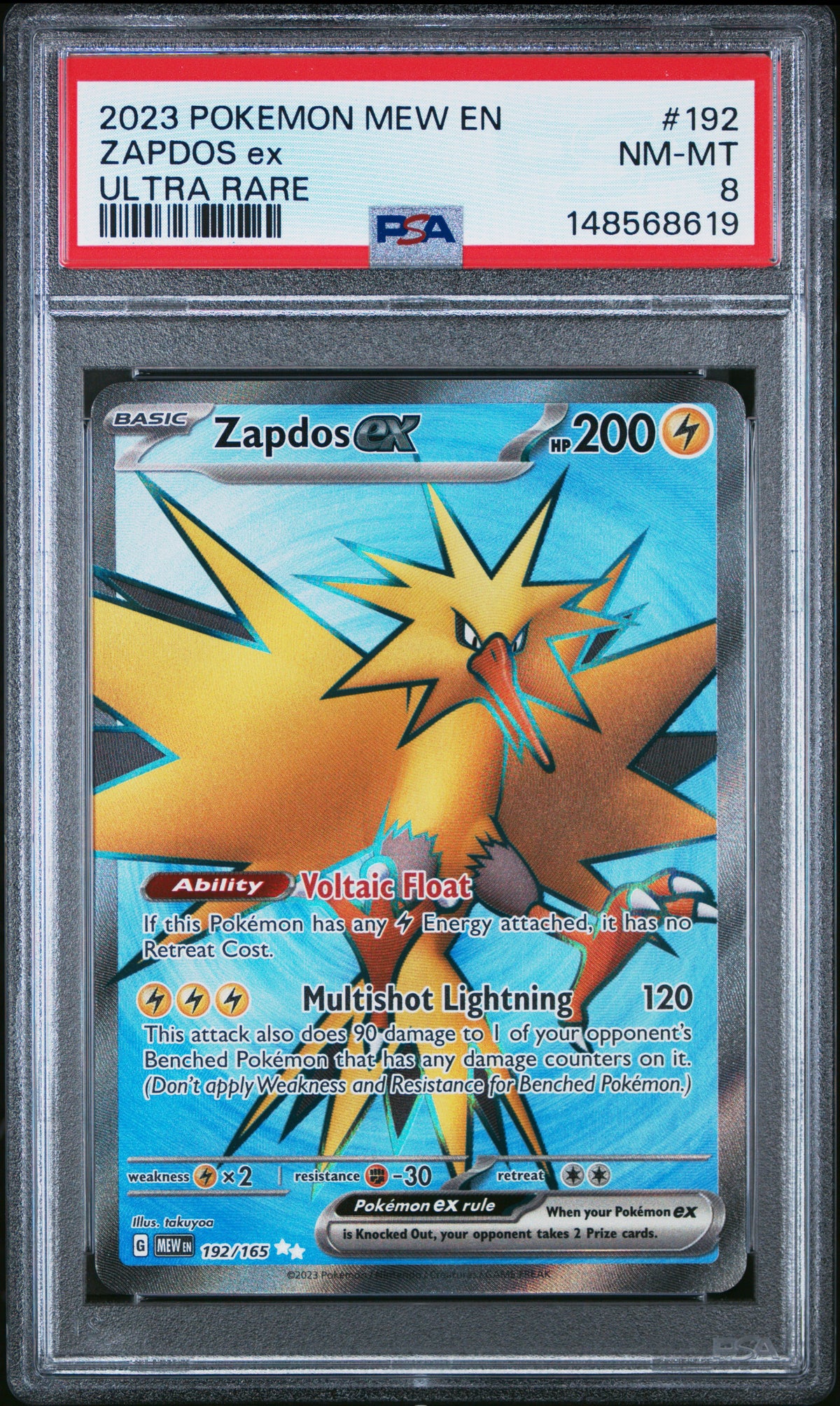 Graded Zapdos EX (192/165) Ultra Rare 151 - PSA Nm-Mt 8